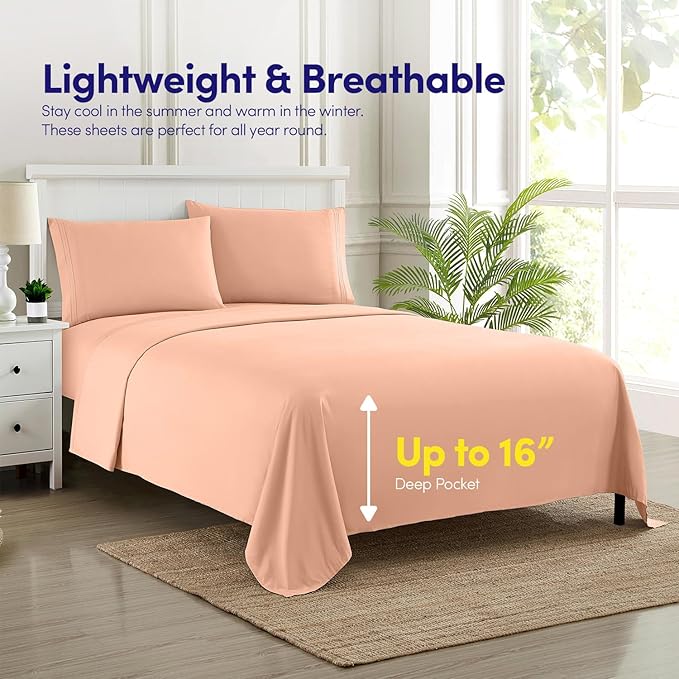 1500 Supreme Collection California King Sheet Sets Peach - Luxury Hotel Bed Sheets and Pillowcase Set for California King Mattress - Extra Soft, Elastic Corner Straps, Deep Pocket Sheets Peach