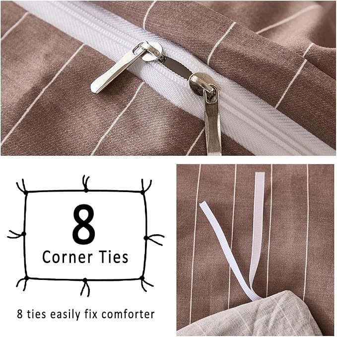 Merryword 100% Cotton Duvet Cover Set King Size, Brown Pinstripe Bedding Set with 2 Pillowcases, Soft Breathable Comforter Cover, Natural Cotton Linen Like Bedding Set for Cozy Home Bedroom