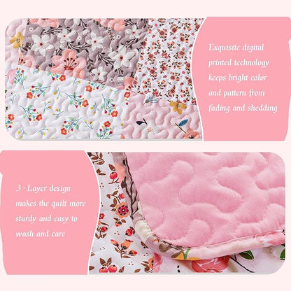 Whale Flotilla Patchwork Quilt Twin Size, Extra Soft Boho Floral Bedspreads for Bed Reversible Lightweight Twin Quilt Bedding Set Printed Coverlets with 1 Pillow Sham for All Seasons, Pink