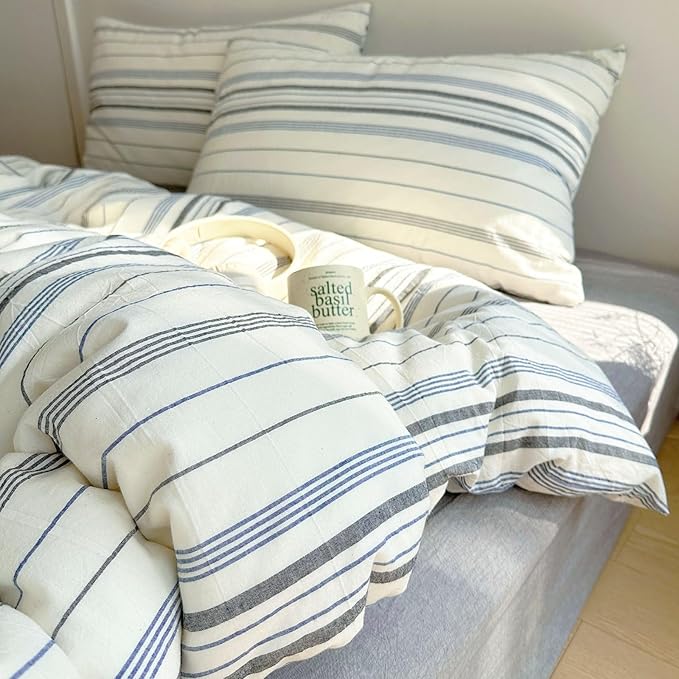 EAVD Retro Blue&Grey Striped Comforter Set King Soft Cotton 3-Piece Vintage Bedding Set with 2 Pillowcases Boho Vertical Stripes Geometric Comforter Set for All-Season Breathable Lightweight