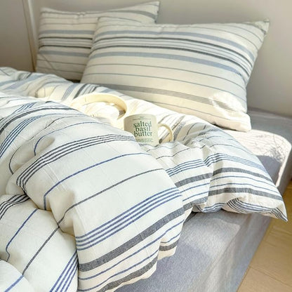 EAVD Retro Blue&Grey Striped Comforter Set King Soft Cotton 3-Piece Vintage Bedding Set with 2 Pillowcases Boho Vertical Stripes Geometric Comforter Set for All-Season Breathable Lightweight