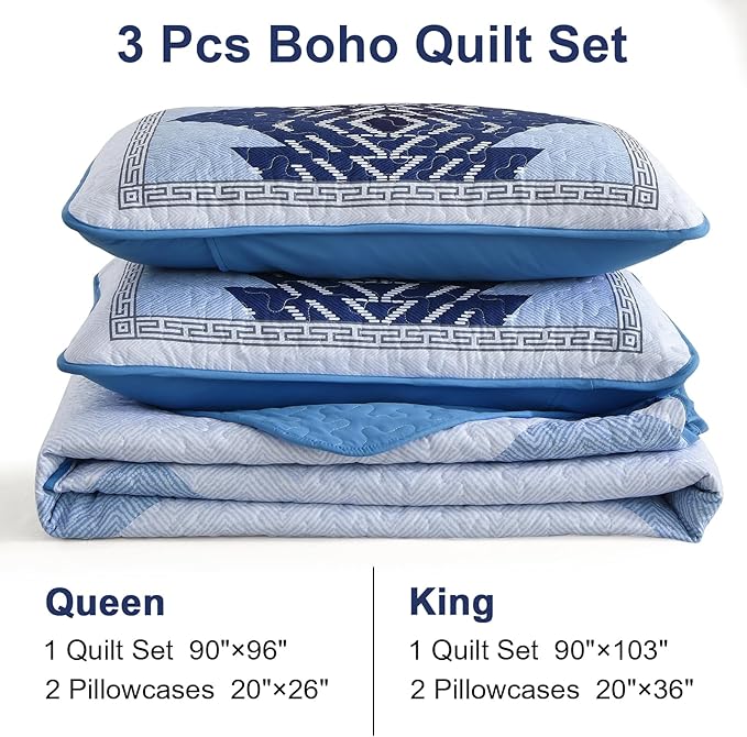 Dintszyayue Boho Quilt Set King Size,Blue Bedspread 3 Pieces Geometric Aztec Pattern Bedding Coverlet Set Bohemian Quilt Bedding Set Soft Microfiber Quilt Bed Spread for All Season(Blue,90"x103")