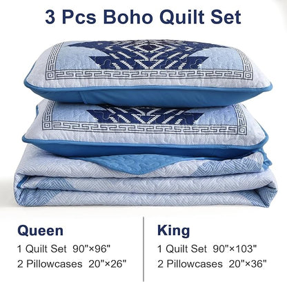 Dintszyayue Boho Quilt Set King Size,Blue Bedspread 3 Pieces Geometric Aztec Pattern Bedding Coverlet Set Bohemian Quilt Bedding Set Soft Microfiber Quilt Bed Spread for All Season(Blue,90"x103")