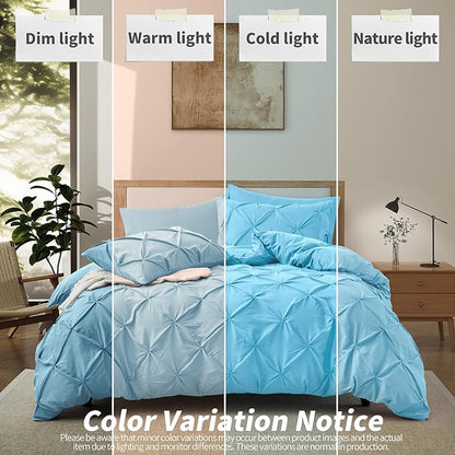 VACVELT 5 Piece Pinch Pleated Duvet Cover Full/Queen Size Set, Light Blue Pintuck Duvet Cover with Zipper & 8 Ties, Shabby Chic Microfiber Duvet Cover + 2 Pillow Shams + 2 Pillowcases, No Comforter