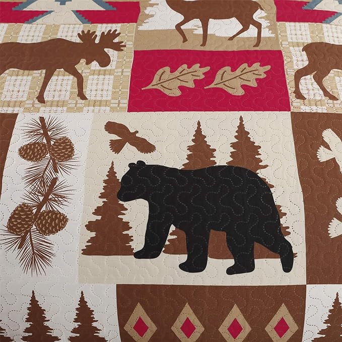 Ycosy Rustic Quilt Set Twin Size (68"x86") Bed Spread Lodge Lightweight Coverlet Reversible Bedding Cover Deer Bear Bedspreads Set with Elk Moose,1 Quilt + 2 Pillow Shams