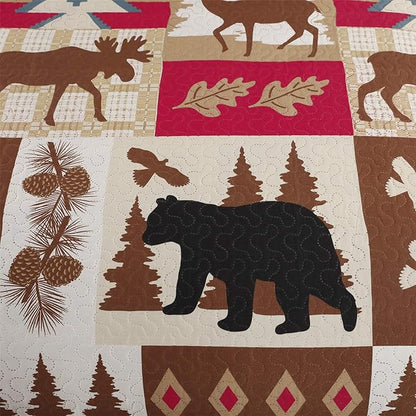 Ycosy Rustic Quilt Set Twin Size (68"x86") Bed Spread Lodge Lightweight Coverlet Reversible Bedding Cover Deer Bear Bedspreads Set with Elk Moose,1 Quilt + 2 Pillow Shams