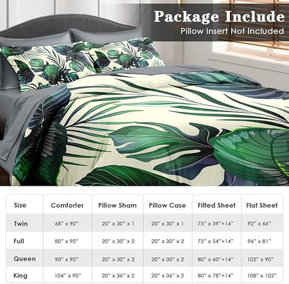 Comforter Set Full Size, Tropical Plants Leaves 7 Pcs Bedding for Kids and Adults, Palm Leaf Monstera Bed Sheet Sets with Fitted Sheet 2 Pillowcase & 2 Sham for Bedroom Bed Decor