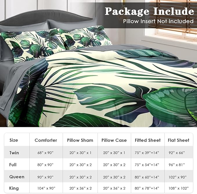 Comforter Set Twin Size, Tropical Plants Leaves 5 Pcs Bedding for Kids and Adults, Palm Leaf Flower Hawaiian Bed Sheet Sets with Fitted Sheet Pillowcase & Sham for Bedroom Bed Decor