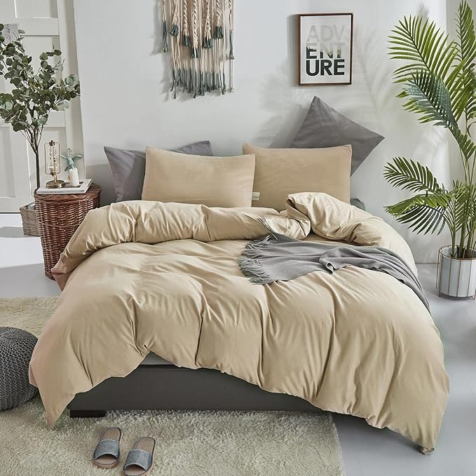 KAREVER Champagne Comforter Set Queen Bedding Set Women Solid Khaki Bed Comforter Set Plain Beige Breathable Blanket Men Light Champagne Lightweight Quilts Set Queen Size