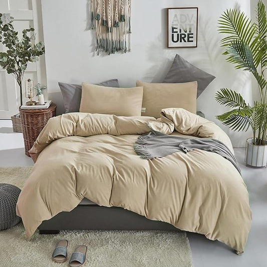 KAREVER Champagne Comforter Set Queen Bedding Set Women Solid Khaki Bed Comforter Set Plain Beige Breathable Blanket Men Light Champagne Lightweight Quilts Set Queen Size