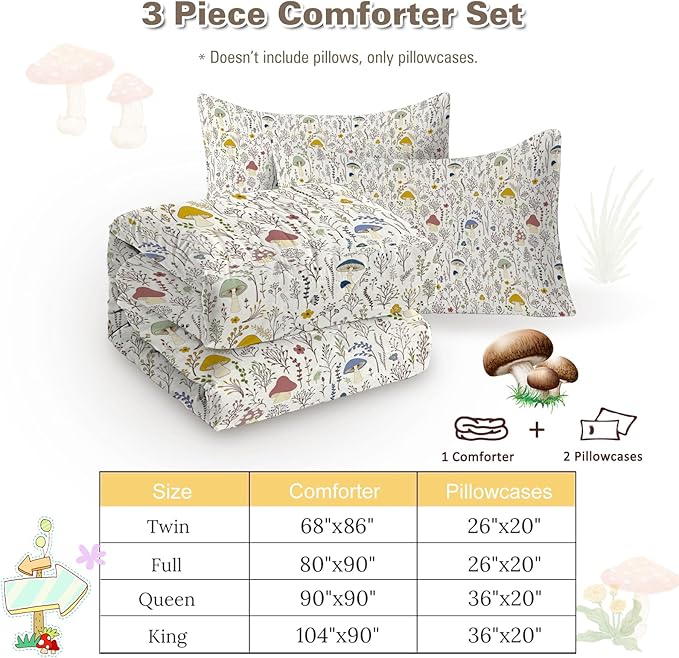 SOULZZZ Mushroom Comforter Set for Women: 3 Piece Colorful Mushroom Decor Twin Bedding with Plants and Flowers, Aesthetic Cute Room Decor Cream Comforter for Kids Adults Boys Girls