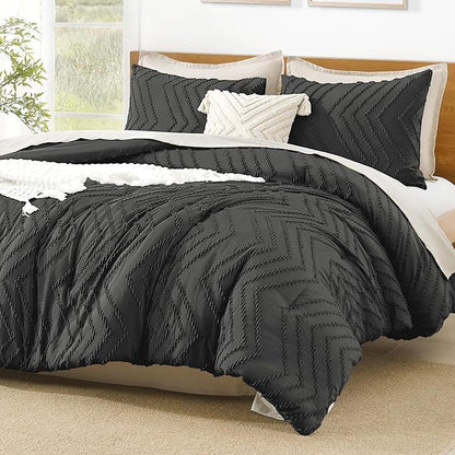 Litanika Comforter Super King Size Set Dark Grey, 3 Pieces Chevron Tufted Solid Bedding Comforter Sets, Fluffy Bed Set