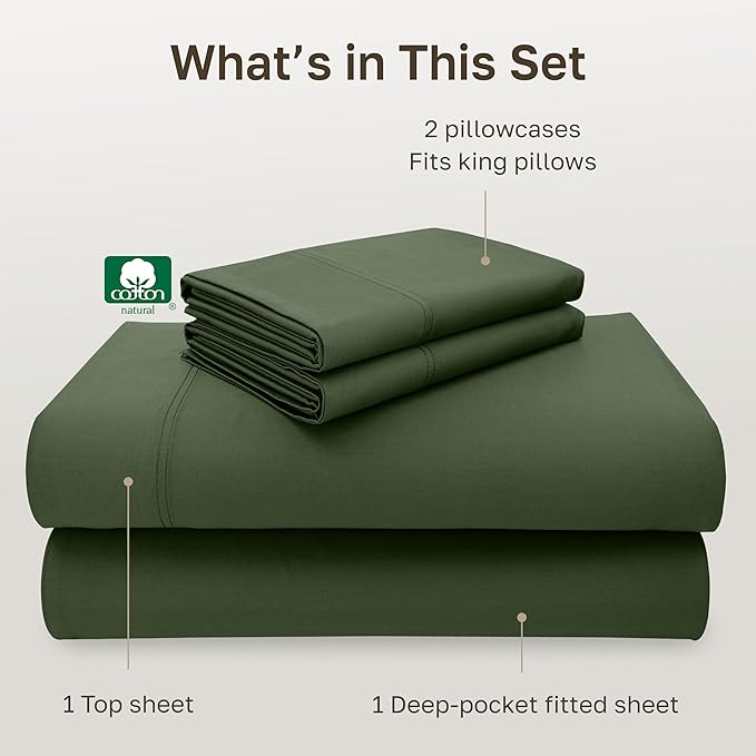 California Design Den King Deep Pocket Sheets Set - Luxury 600 Thread Count 100% Cotton Sheets King Size, Sateen, Hotel-Quality, Better Than Egyptian Cotton Sheets - Dark Olive Green