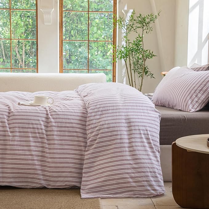 Striped Duvet Cover Set 100% Washed Cotton Linen Like Soft Feelling Breathable Bedding(Dusty Purple,Twin)