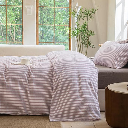Striped Duvet Cover Set 100% Washed Cotton Linen Like Soft Feelling Breathable Bedding(Dusty Purple,Twin)