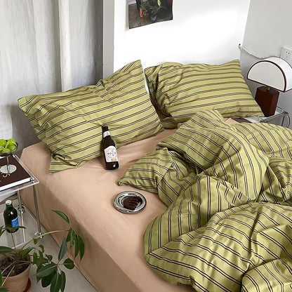 mixinni Vintage Stripes Duvet Cover Set Queen - 3-Piece Mid-Century Cotton Olive & Taupe Striped Bedding, Soft Breathable All-Season Comforter Cover with Zipper Closure & Corner Ties-Queen Size