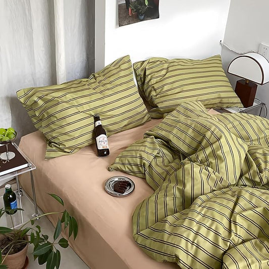mixinni Vintage Stripes Duvet Cover Set King - 3-Piece Mid-Century Cotton Olive & Taupe Striped Bedding, Soft Breathable All-Season Comforter Cover with Zipper Closure & Corner Ties-King Size