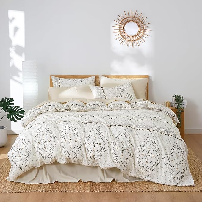 Wake In Cloud - Boho Comforter Set, Farmhouse Bohemian Western Aztec Neutral Aesthetic, Soft Lightweight Bedding, 3 Pieces, Beige, Twin/Twin XL Size