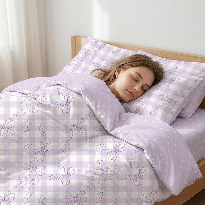 Light Purple Bowknot Comforter Set Queen Size for Girls, Purple Gingham Bedding with Heart Pattern, 3 Pcs Checkered Plaid Quilted Comforter Set with 2 Pillowcases, 90"x90"