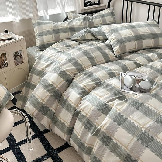 EAVD Green Gingham Comforter Set Full 3 Pieces Grid Plaid Comforter Set Modern Simple Grid Checkered Bedding Set with 2 Pillowcases Reversible Gingham Bedding Set for Boys Women Men