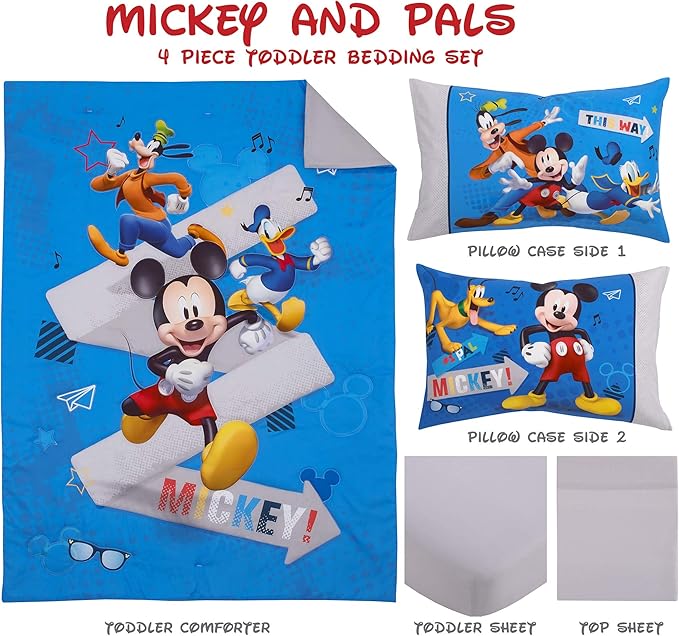 Disney Mickey Mouse and Pals 4 Piece Toddler Bedding Set - Fitted Sheet, Pillow Case, Top Sheet, and Comforter Quilt - Blue