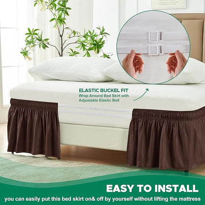 Biscaynebay Wrap Around Bed Skirts for Queen Size Beds 18" Drop, Brown Adjustable Elastic Dust Ruffles Easy Fit Wrinkle Resistant Silky Luxurious Fabric Machine Washable