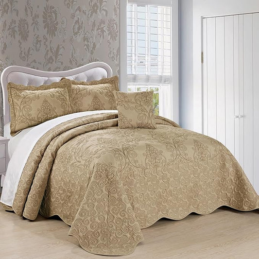 Home Soft Things Damask 4 Piece Bedspread Set,Scalloped Edge Reversible Quilt Coverlet Comforter Prewashed Bedding Set, Matelasse Embossed Floral Solid Pattern,Incense Oversize Queen(110" x 120")