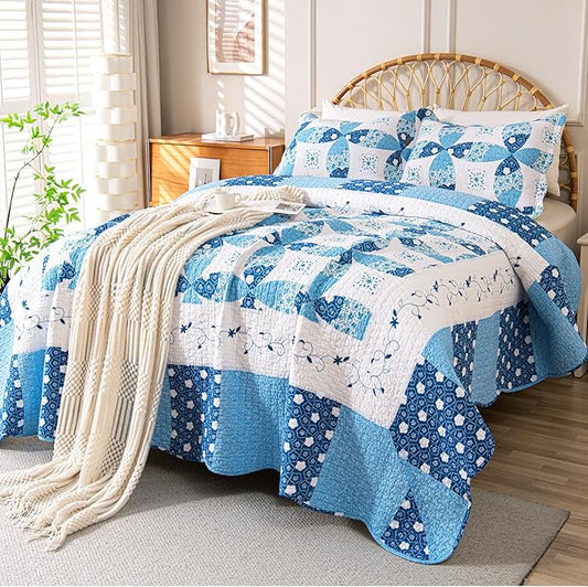 Cmfshape Blue Quilt Sets Bedspread Set 100% Cotton Patchwork Coin Pattern Bedding Set,All Season Use Lightweight Reversible Coverlet Quilts with 2 Pillow Shams(Queen 92"x96")