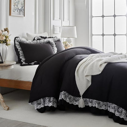 Joyreap Twin Size Comforter Set Black, 3pcs Lace Ruffled Bedding Comforter Set, Microfiber Vintage Gothic Boho Chic Bedding Set for All Season- 68x88 inches