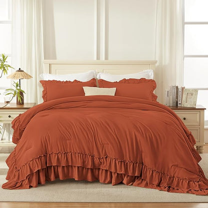 Andency Terracotta King Comforter Set (104x90Inch), 3 Pieces Ruffle Bedding Set with 2 Pillowcases, Farmhouse Shabby Chic Lightweight Fluffy Soft All Season Bed Set, Burnt Orange