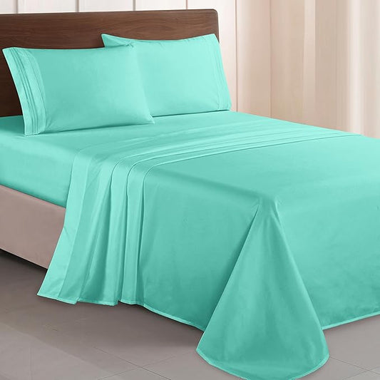 Elegant Comfort Luxurious 1500 Premium Hotel Quality Microfiber Three Line Embroidered Softest 4-Piece Bed Sheet Set, Wrinkle and Fade Resistant, Twin/Twin XL, Paradise Teal