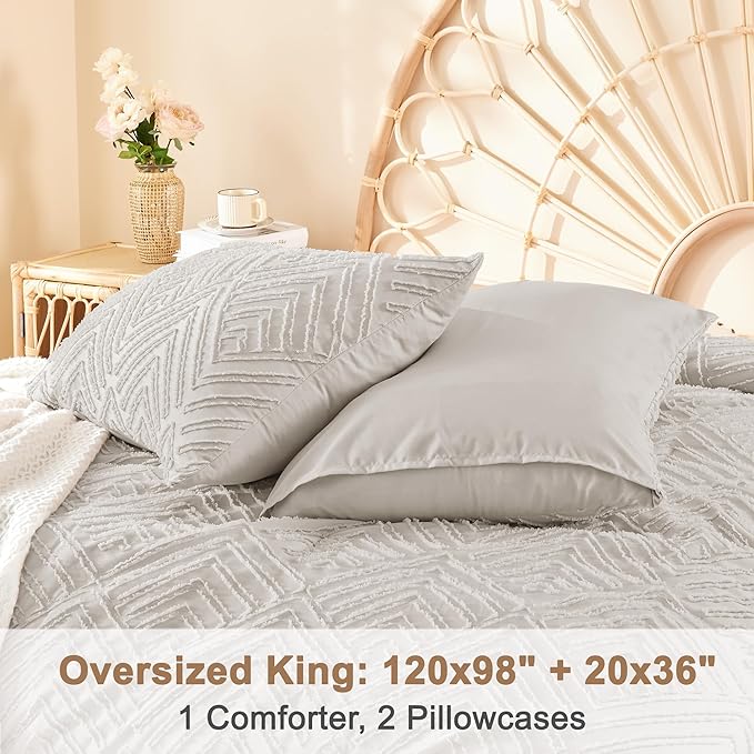 Litanika Oversized King Comforter Set Linen Grey, 3 Pieces Tufted Boho Farmhouse Bedding Comforter Set, Lightweight Fluffy All Season Comforter Set (120x98In Comforter & 2 Pillowcases)