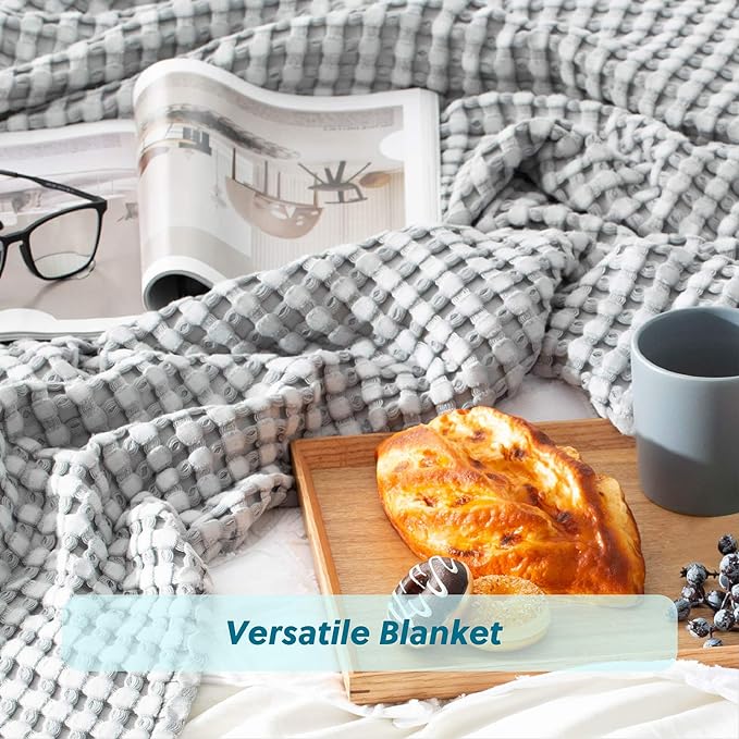 Bedsure Cooling Cotton Waffle Queen Size Blanket - Lightweight Breathable Blanket of Rayon Derived from Bamboo for Hot Sleepers, Luxury Throws for Bed, Couch and Sofa, Grey, 90x90 Inches