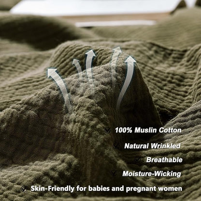 VM VOUGEMARKET 100% Cotton Muslin Duvet Cover King Size 3-Layer Guaze Textured Bedding Set,Ultra Soft Breathable Textured Linen Like Comforter Cover with Zipper&Ties-Olive Green