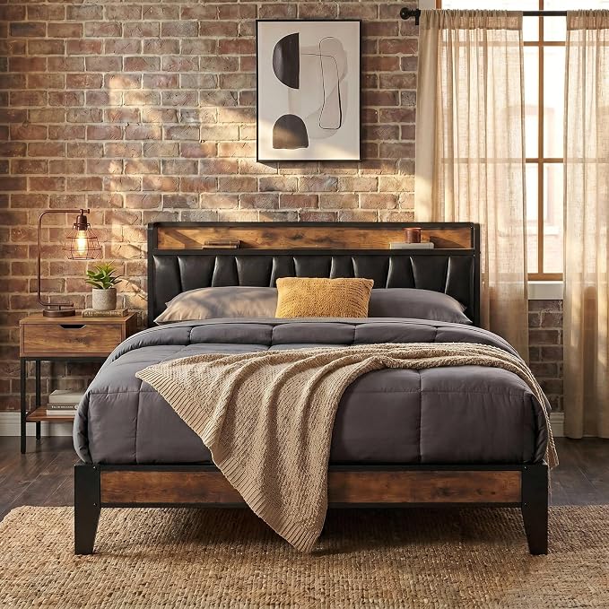 LIKIMIO Full Size Bed Frame, Storage Headboard with Charging Station, Solid and Stable, Noise Free, No Box Spring Needed, Easy Assembly (Vintage and Black)