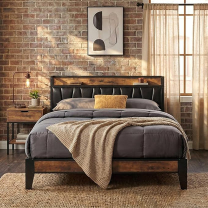 LIKIMIO Full Size Bed Frame, Storage Headboard with Charging Station, Solid and Stable, Noise Free, No Box Spring Needed, Easy Assembly (Vintage and Black)