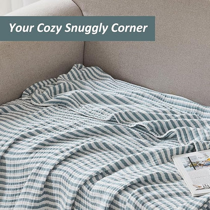 EMME Cotton Muslin Queen Blanket Bed Layering Bedspread Coverlet Breathable Gauze Soft Lightweight Adults (Striped Teal, 90"x90")