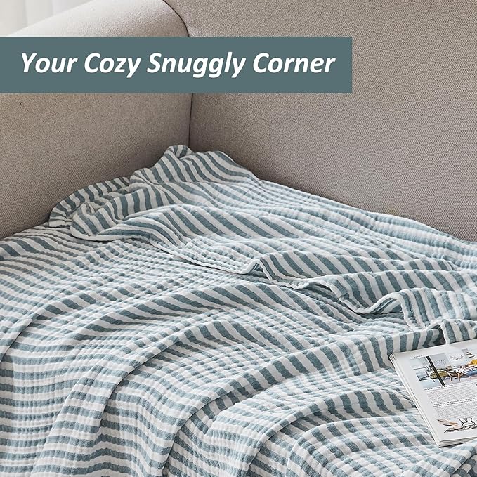 EMME Cotton Muslin Large Throw Blanket Couch Breathable Gauze Soft Lightweight Bed Blankets Adults (Striped Teal, 50"x70")