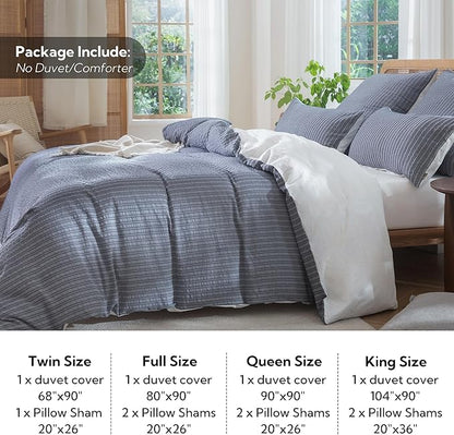 MILDLY Jacquard Stripe Duvet Cover - Navy Blue 100% Washed Cotton Boho Textured Comforter Cover Set with Zipper Closure 90"x90"