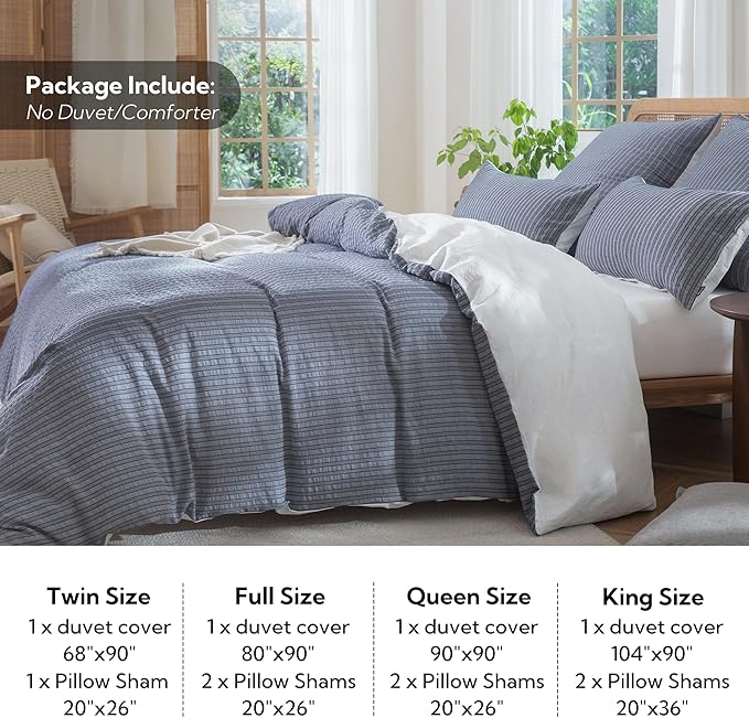 MILDLY Jacquard Stripe Duvet Cover - Navy Blue 100% Washed Cotton Boho Textured Comforter Cover Set with Zipper Closure 104"x90"