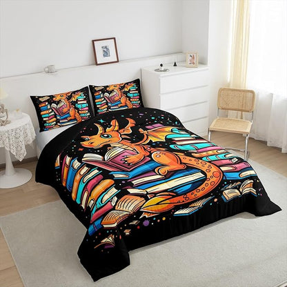 Western Dragon Comforter Set Queen Size,Glitter Star Polka Dot Bedding Set for Kids Boys Girls Room Decor,Magic Book Cartoon Animal Pattern Duvet Insert 3Pcs,Wildlife Black Quilt Set,2 Pillowcases