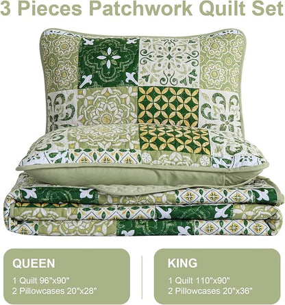 Dobuyly Green Quilt Set King Size, Boho Sage Green Plaid Patchwork Bedspreads Coverlet Set, 3 Pieces Soft Lightweight Microfiber Quilt Bedding Set for All Seasons 110"x90"