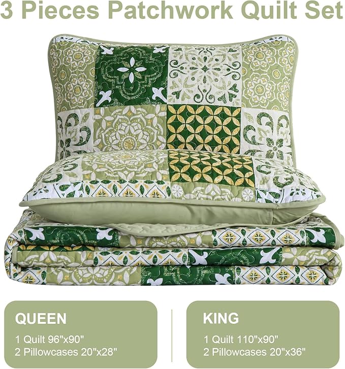 Dobuyly Green Quilt Set Queen Size, Boho Sage Green Plaid Patchwork Bedspreads Coverlet Set, 3 Pieces Soft Lightweight Microfiber Quilt Bedding Set for All Seasons 96"x90"