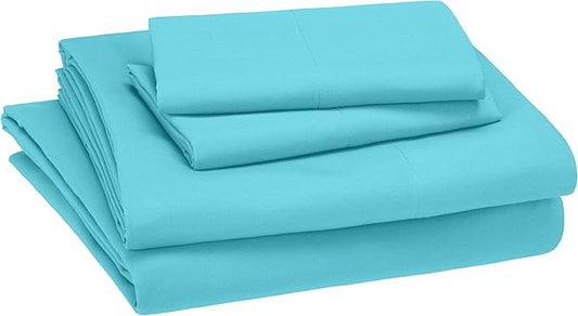 Amazon Basics Kid's Breathable Soft Microfiber 4-Piece Sheet Set, Easy-Wash, Full, Bright Aqua, Solid