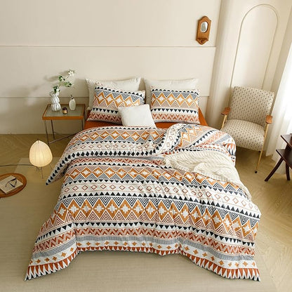 KAREVER Boho Comforter Twin Aztec Bedding Set Southwest Theme 3 PCs Bohemian Comforter Set Pumpkin White Twin Size Comforter (68x90 Inches) with 2 Pillowcases (26x26 inches)
