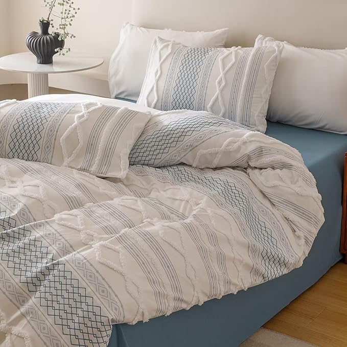Houseri Tufted Blue Comforter Set Twin Jacquard Bedding Shabby Chic Farmhouse Bed Sets Twin