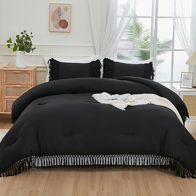 Andency Black Full Size Comforter Set, 3 Pieces Boho Tassel Lightweight Soft Bedding Comforter Sets, All Season Fluffy Fringe Bed Set (79x90In Comforter & 2 Pillowcases)