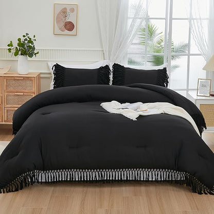 Andency Black Comforter Set King, 3 Pieces Boho Tassel Lightweight Soft Bedding Comforter Sets for King Bed, All Season Fluffy Fringe Bed Set (104x90In Comforter & 2 Pillowcases)