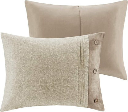 Madison Park Boone Cozy Comforter Set, Faux Suede, Deluxe Hotel Styling All Season Down Alternative Bedding Matching Shams, Decorative Pillow, Queen (90 in x 90 in), Rustic Tan 7 Piece