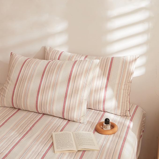Brown Striped Full Comforter Set Boho Down Alternative Bedding Set Fluffy Washed Cotton Soft Bedroom Bedding Comforter Sets Rustic All Season Cute Cozy Bed Comforter with 2 Pillowcases